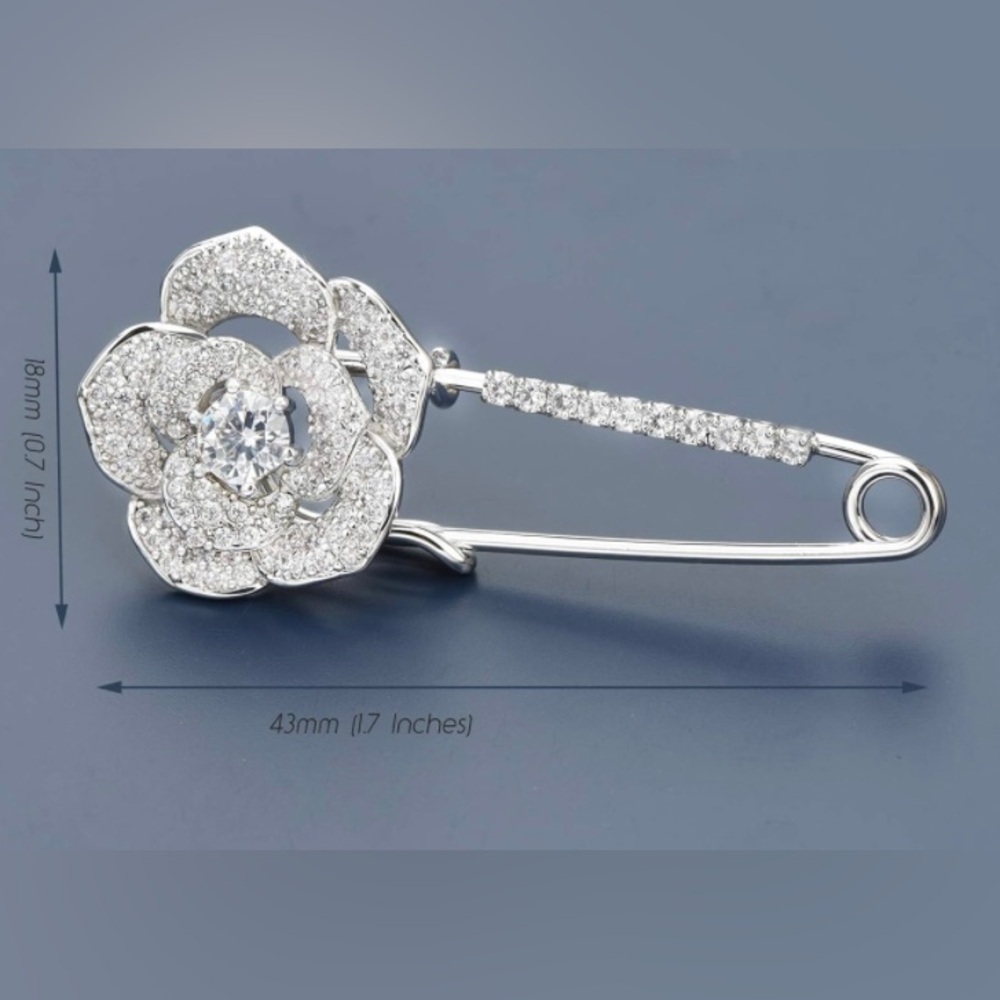Cubic Zirconia Rose Flower Cardigan Sweater Safety Pin Brooch - Picture 7 of 7